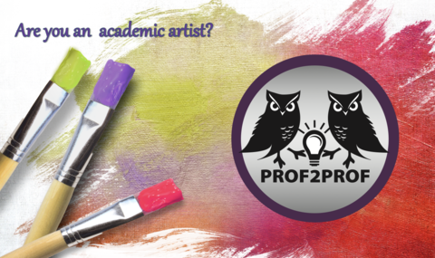 Three paint brushes next to tri-color brush strokes, with Prof2Prof logo and the question: "Are you an academic artist?"