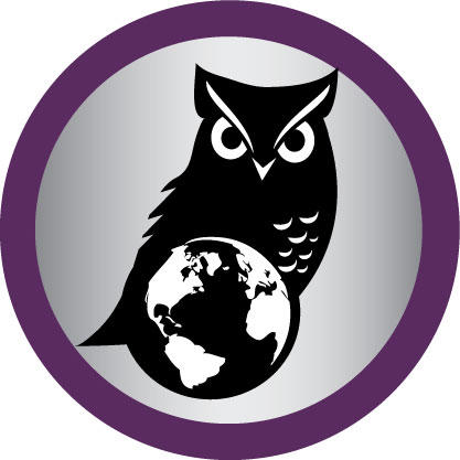 An owl stands behind an image of a globe.