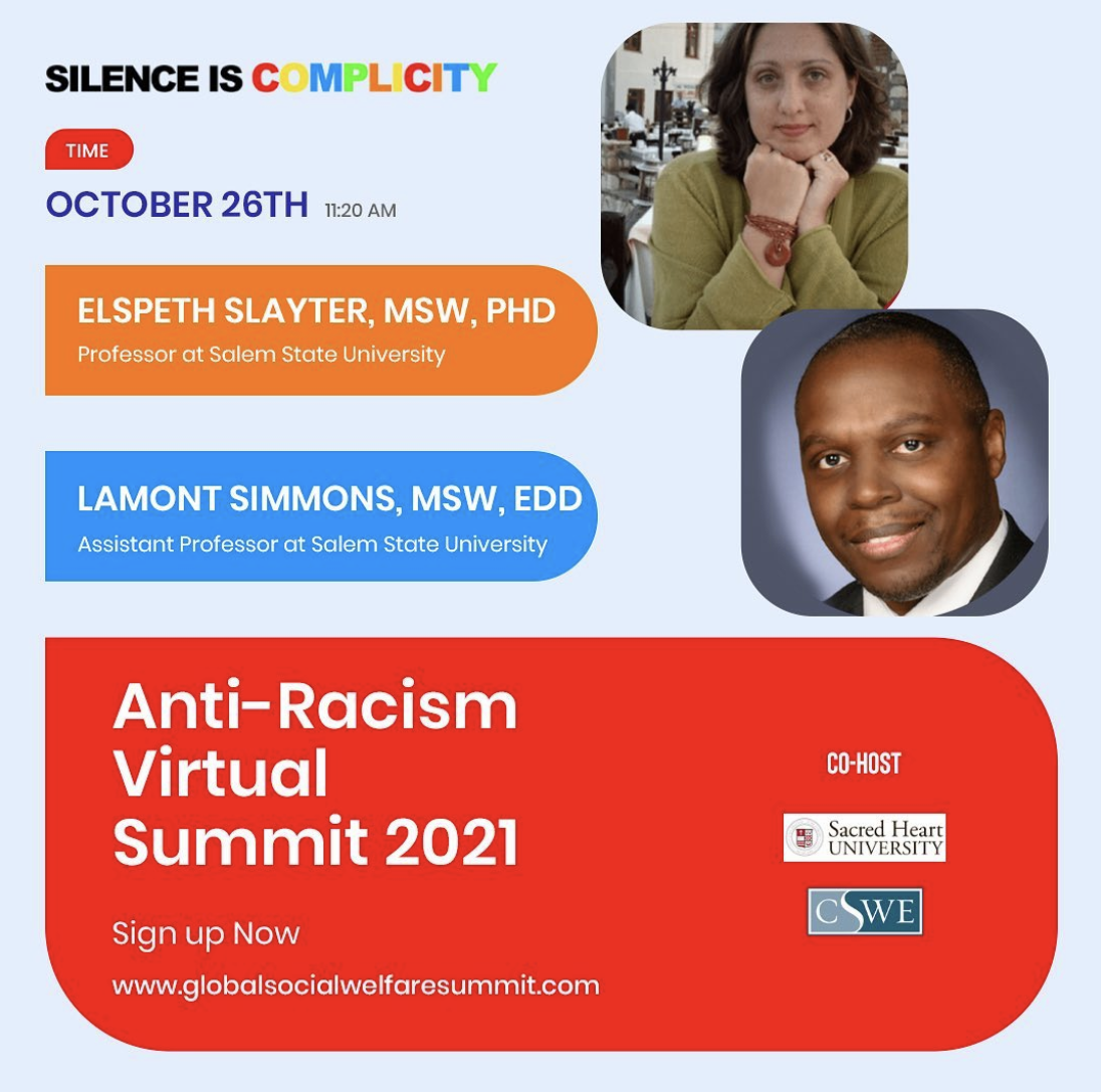Colorful image advertising 10/26/21 workshop on antiracism and anti ableism offered by Lamont Simmons & Elspeth Slayter at the global anti racism virtual summit