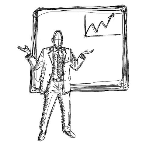 Sketch drawing of a person standing with shoulders shrugged, next to an upward trend line on a whiteboard.